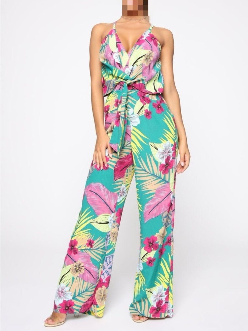 Fashion Nova Teal Tropical Floral Wide-Leg Jumpsuit